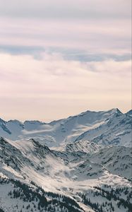 Preview wallpaper mountains, snowy, peaks, forest