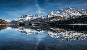 Preview wallpaper mountains, snowy, reflection, rocks