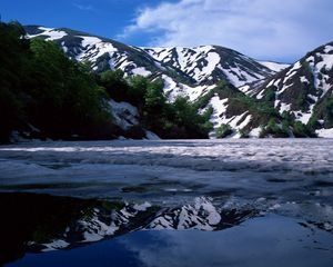 Preview wallpaper mountains, spring, snow, trees, slopes, shadow, coast, foam, lake