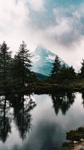Preview wallpaper mountains, spruce, lake, reflection, clouds