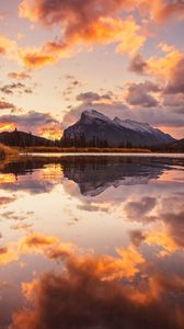 Preview wallpaper mountains, spruce, trees, sunset, reflection, clouds