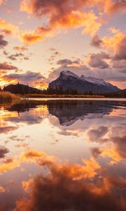 Preview wallpaper mountains, spruce, trees, sunset, reflection, clouds