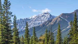 Preview wallpaper mountains, spruce, trees, lake, reflection, sky