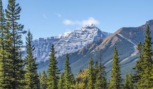 Preview wallpaper mountains, spruce, trees, lake, reflection, sky