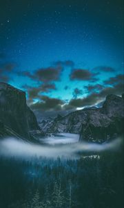 Preview wallpaper mountains, starry sky, fog, clouds