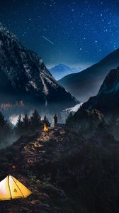 Preview wallpaper mountains, starry sky, loneliness, photoshop, camping