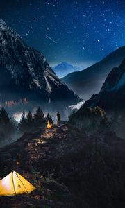 Preview wallpaper mountains, starry sky, loneliness, photoshop, camping