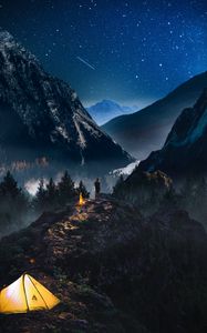 Preview wallpaper mountains, starry sky, loneliness, photoshop, camping