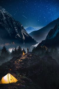 Preview wallpaper mountains, starry sky, loneliness, photoshop, camping