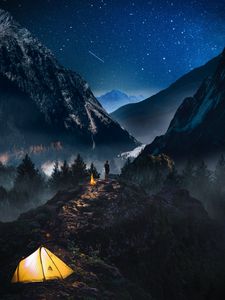 Preview wallpaper mountains, starry sky, loneliness, photoshop, camping