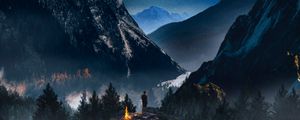 Preview wallpaper mountains, starry sky, loneliness, photoshop, camping