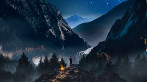 Preview wallpaper mountains, starry sky, loneliness, photoshop, camping