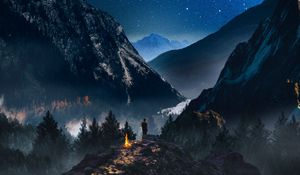 Preview wallpaper mountains, starry sky, loneliness, photoshop, camping