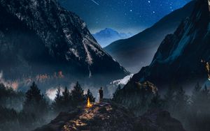 Preview wallpaper mountains, starry sky, loneliness, photoshop, camping