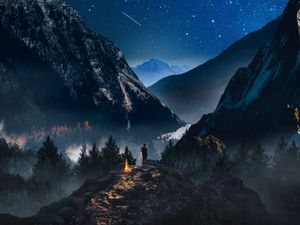 Preview wallpaper mountains, starry sky, loneliness, photoshop, camping