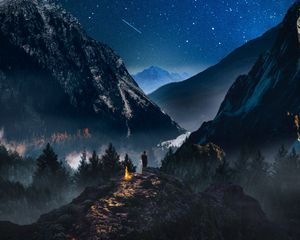 Preview wallpaper mountains, starry sky, loneliness, photoshop, camping