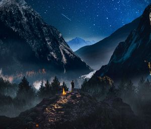 Preview wallpaper mountains, starry sky, loneliness, photoshop, camping