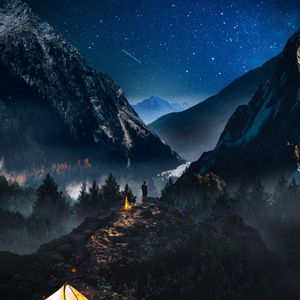 Preview wallpaper mountains, starry sky, loneliness, photoshop, camping