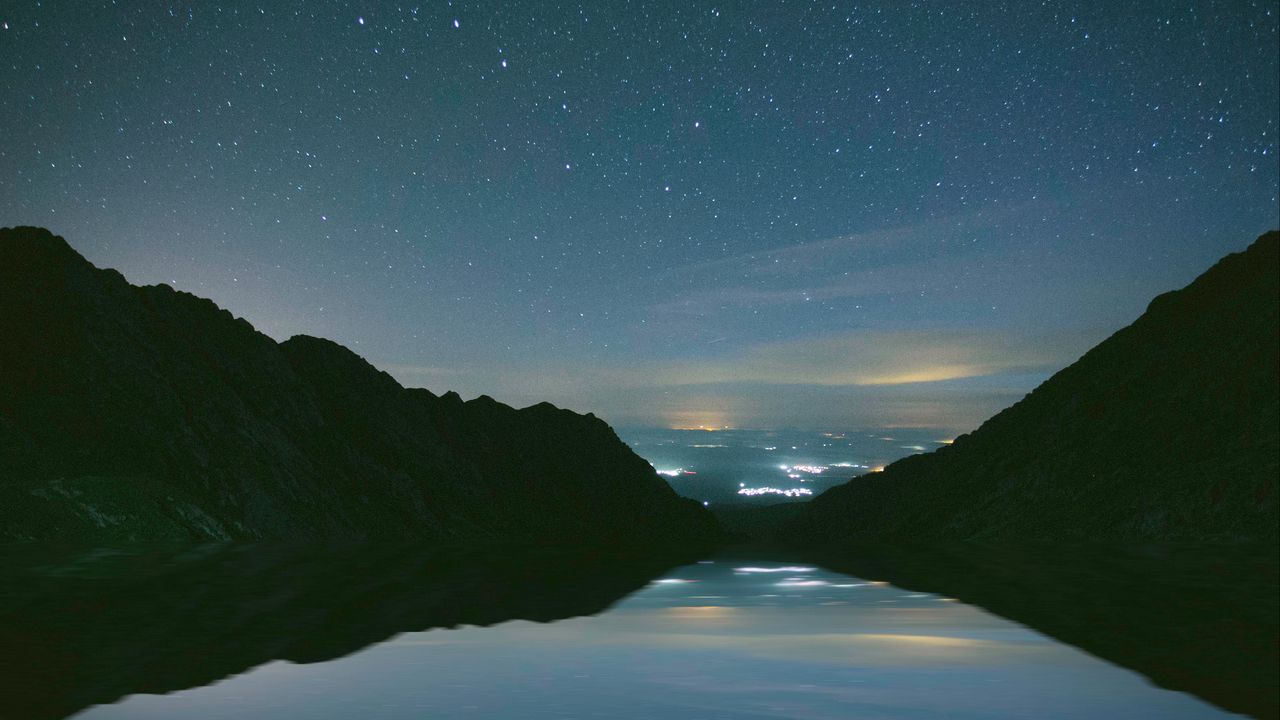 Wallpaper mountains, starry sky, night, lake