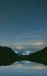 Preview wallpaper mountains, starry sky, night, lake