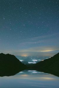 Preview wallpaper mountains, starry sky, night, lake