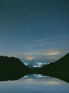 Preview wallpaper mountains, starry sky, night, lake