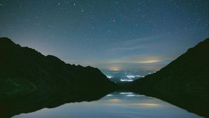 Preview wallpaper mountains, starry sky, night, lake