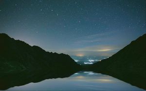 Preview wallpaper mountains, starry sky, night, lake