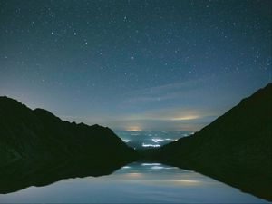 Preview wallpaper mountains, starry sky, night, lake