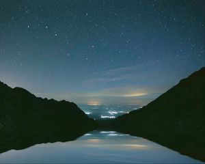 Preview wallpaper mountains, starry sky, night, lake