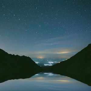 Preview wallpaper mountains, starry sky, night, lake