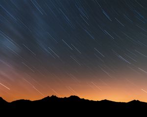 Preview wallpaper mountains, starry sky, night, outlines, dark, long exposure