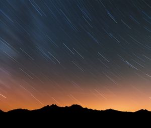 Preview wallpaper mountains, starry sky, night, outlines, dark, long exposure