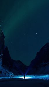 Preview wallpaper mountains, starry sky, snow, ice floes, night