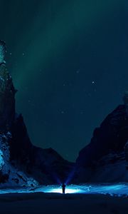 Preview wallpaper mountains, starry sky, snow, ice floes, night