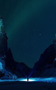 Preview wallpaper mountains, starry sky, snow, ice floes, night