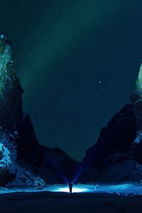 Preview wallpaper mountains, starry sky, snow, ice floes, night