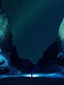 Preview wallpaper mountains, starry sky, snow, ice floes, night