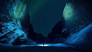 Preview wallpaper mountains, starry sky, snow, ice floes, night