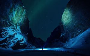 Preview wallpaper mountains, starry sky, snow, ice floes, night