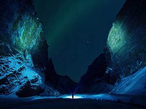 Preview wallpaper mountains, starry sky, snow, ice floes, night