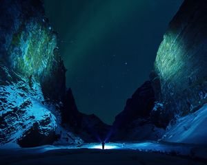 Preview wallpaper mountains, starry sky, snow, ice floes, night