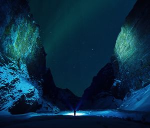 Preview wallpaper mountains, starry sky, snow, ice floes, night