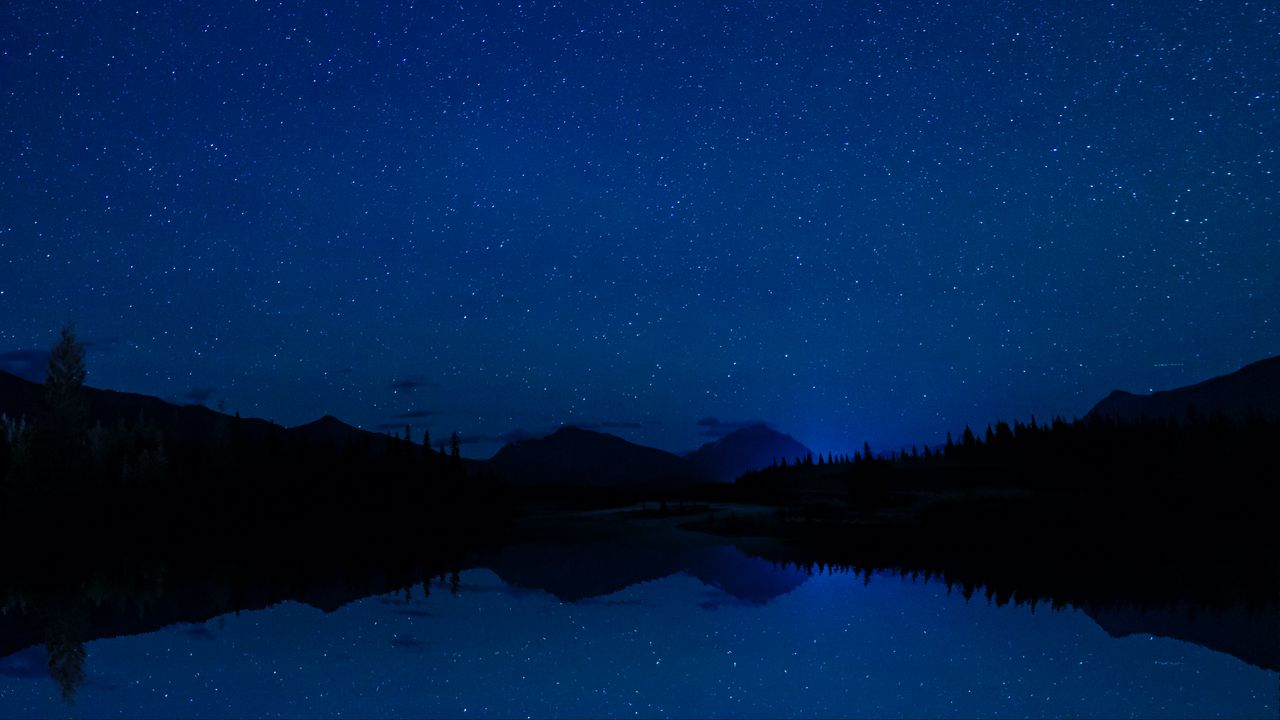 Wallpaper mountains, starry sky, trees, reflection