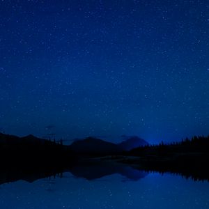 Preview wallpaper mountains, starry sky, trees, reflection