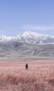 Preview wallpaper mountains, steppe, man, loneliness, landscape