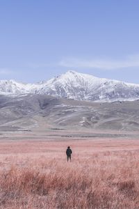 Preview wallpaper mountains, steppe, man, loneliness, landscape