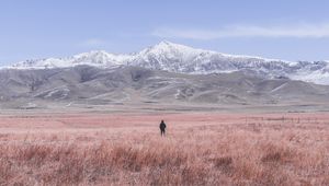 Preview wallpaper mountains, steppe, man, loneliness, landscape