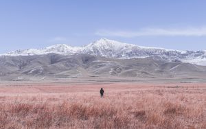 Preview wallpaper mountains, steppe, man, loneliness, landscape