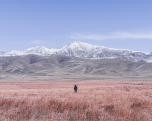 Preview wallpaper mountains, steppe, man, loneliness, landscape
